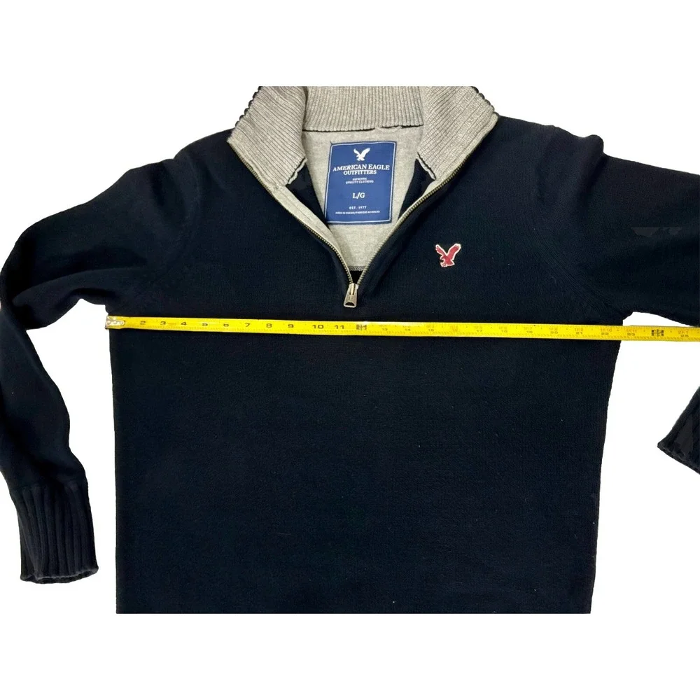 Y2K American Eagle Sweater Men L Blue 1/4 Zip Knit Pullover Wool Blend Preppy